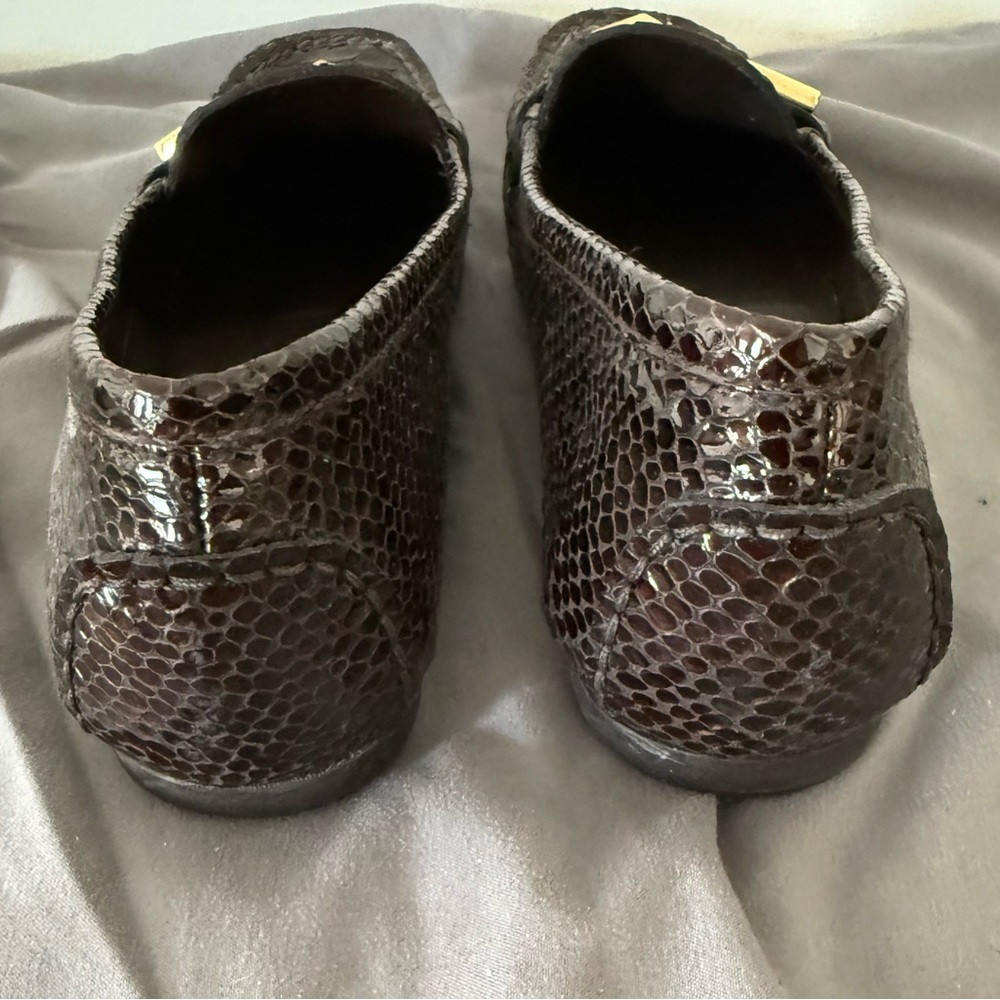 Stuart Weitzman Dark Brown Python Loafers With Go… - image 2